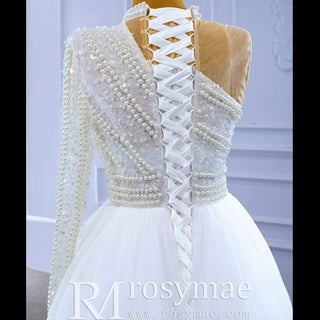 Mock Neck Pearl Beaded Overskirt Wedding Dress with One Shoulder Sleeve