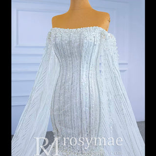 Cape Sleeve Beaded Wedding Dress with Off the Shoulder