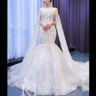 Cape Sleeve Beaded Wedding Dress with Off the Shoulder