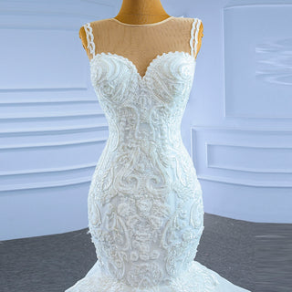 Modest Beaded Lace Ruffled Mermaid Wedding Dress with High Back