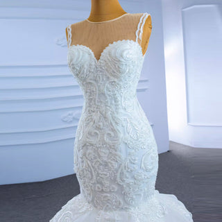 Modest Beaded Lace Ruffled Mermaid Wedding Dress with High Back