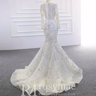 Long Sleeve Mermaid Wedding Dress with Detachable Skirt