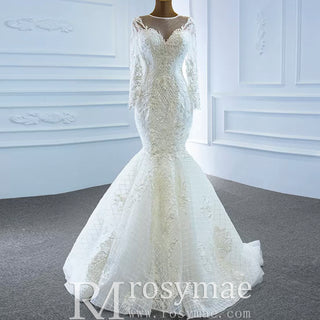 Long Sleeve Lace Mermaid Wedding Dress with Detachable Skirt