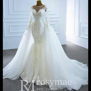 Long Sleeve Lace Mermaid Wedding Dress with Detachable Skirt