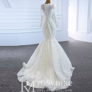 Long Sleeve Lace Mermaid Wedding Dress with Detachable Skirt