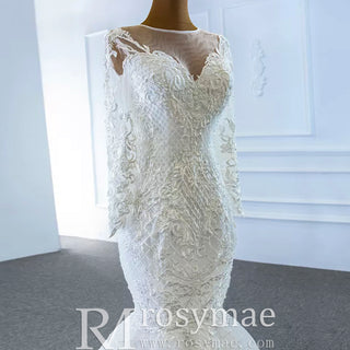 Long Sleeve Lace Mermaid Wedding Dress with Detachable Skirt