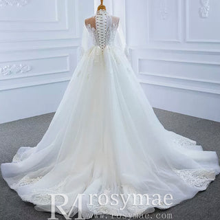 Long Sleeve Bead Pearl  High Neck Wedding Dress with Detachable Skirt