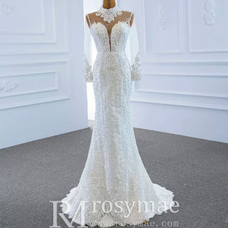 Long Sleeve Bead Pearl  High Neck Wedding Dress with Detachable Skirt