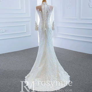 Long Sleeve Bead Pearl  High Neck Wedding Dress with Detachable Skirt