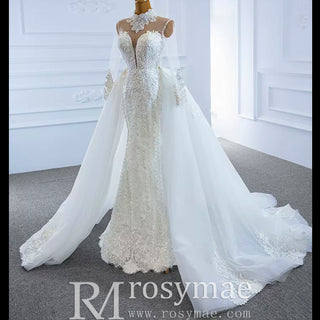 Long Sleeve Bead Pearl  High Neck Wedding Dress with Detachable Skirt