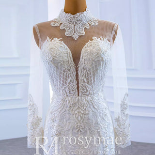 Long Sleeve Bead Pearl  High Neck Wedding Dress with Detachable Skirt