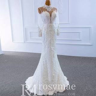 Long Sleeve Bead Pearl  High Neck Wedding Dress with Detachable Skirt