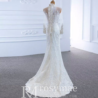 Long Sleeve Bead Pearl  High Neck Wedding Dress with Detachable Skirt