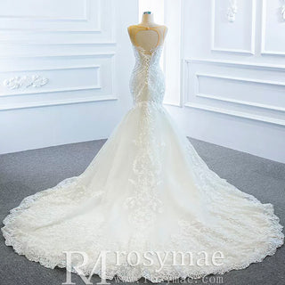 Keyhole Back Cape Wedding Dress Sheer Scoop Mermaid Bridal Gown