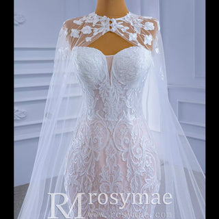 Vintage Mermaid Lace Wedding Dress with High Neck Cape