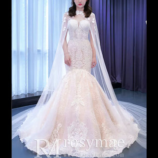 Vintage Mermaid Lace Wedding Dress with High Neck Cape