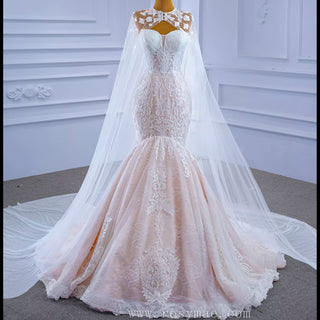 Vintage Mermaid Lace Wedding Dress with High Neck Cape