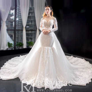 Long Sleeve Keyhole Trumpet Lace Wedding Dress with Detachable Skirt