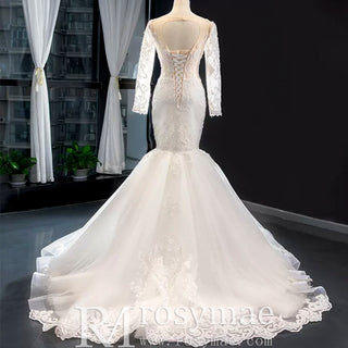 Long Sleeve Keyhole Trumpet Lace Wedding Dress with Detachable Skirt