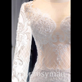 Long Sleeve Keyhole Trumpet Lace Wedding Dress with Detachable Skirt