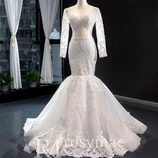 Long Sleeve Keyhole Trumpet Lace Wedding Dress with Detachable Skirt