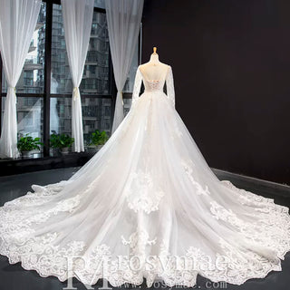 Long Sleeve Keyhole Trumpet Lace Wedding Dress with Detachable Skirt