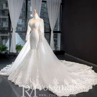 Long Sleeve Keyhole Trumpet Lace Wedding Dress with Detachable Skirt