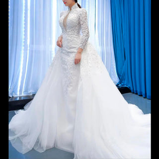 Long Sleeves Vintage High Neck Pearls Wedding Dress with Keyhole