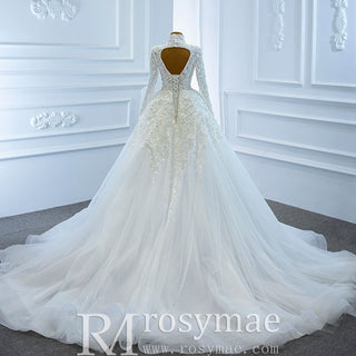 Long Sleeves Vintage High Neck Pearls Wedding Dress with Keyhole