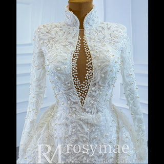 Long Sleeves Vintage High Neck Pearls Wedding Dress with Keyhole