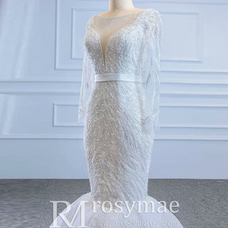 Sparkly Long Sleeve Lace Mermaid Wedding Dress with Low Back