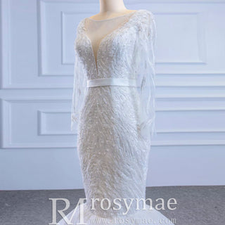 Sparkly Long Sleeve Lace Mermaid Wedding Dress with Low Back