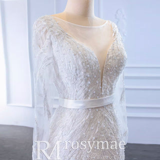 Sparkly Long Sleeve Lace Mermaid Wedding Dress with Low Back