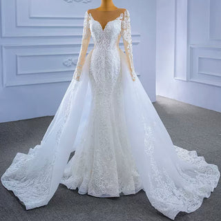 Detachable Skirt Vintage Beaded Lace Wedding Dress with Long Sleeves