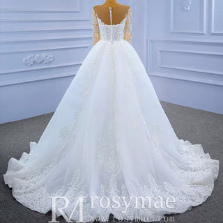 Detachable Skirt Vintage Beaded Lace Wedding Dress with Long Sleeves