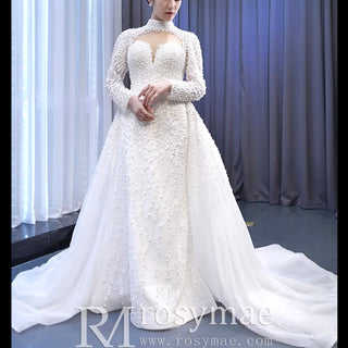 Long Sleeve High O Neck Pearl Wedding Dress with Overskirt