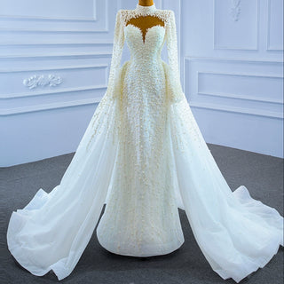 Long Sleeve High O Neck Pearl Wedding Dress with Overskirt