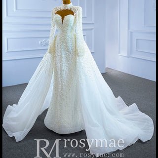 Long Sleeve High O Neck Pearl Wedding Dress with Overskirt