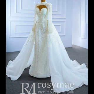 Long Sleeve High O Neck Pearl Wedding Dress with Overskirt