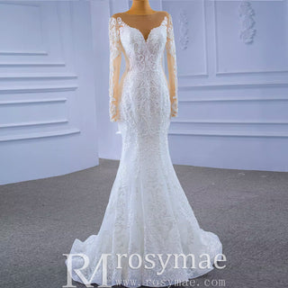 Detachable Skirt Vintage Beaded Lace Wedding Dress with Long Sleeves