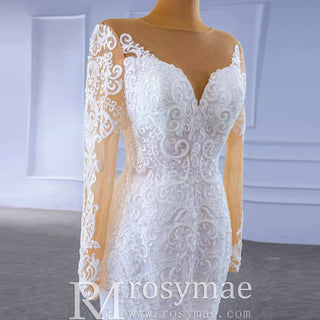 Detachable Skirt Vintage Beaded Lace Wedding Dress with Long Sleeves