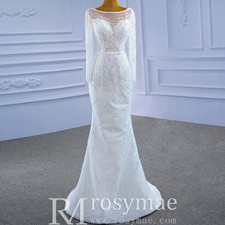 Long Sleeve Beaded Wedding Dress with Detachable Skirt