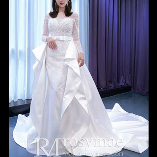 Long Sleeve Beaded Wedding Dress with Detachable Skirt