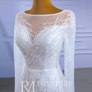 Long Sleeve Beaded Wedding Dress with Detachable Skirt