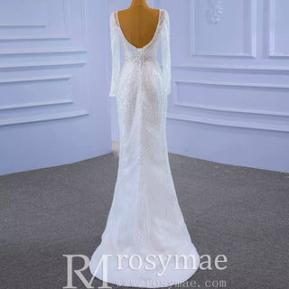 Long Sleeve Beaded Wedding Dress with Detachable Skirt