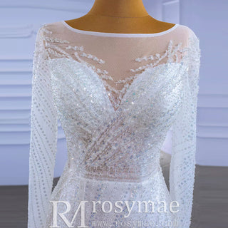 Long Sleeve Beaded Wedding Dress with Detachable Skirt