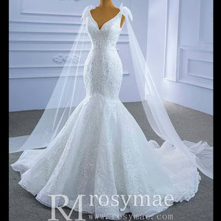 Vneck Floral Lace Mermaid Wedding Dress with Cape Sleeves