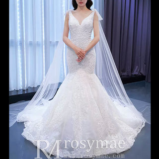 Vneck Floral Lace Mermaid Wedding Dress with Cape Sleeves