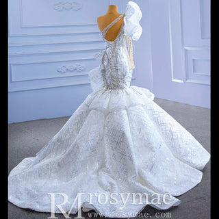 Luxury Beaded Mermaid Wedding Dress with One Shoulder Long Sleeve