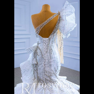 Luxury Beaded Mermaid Wedding Dress with One Shoulder Long Sleeve